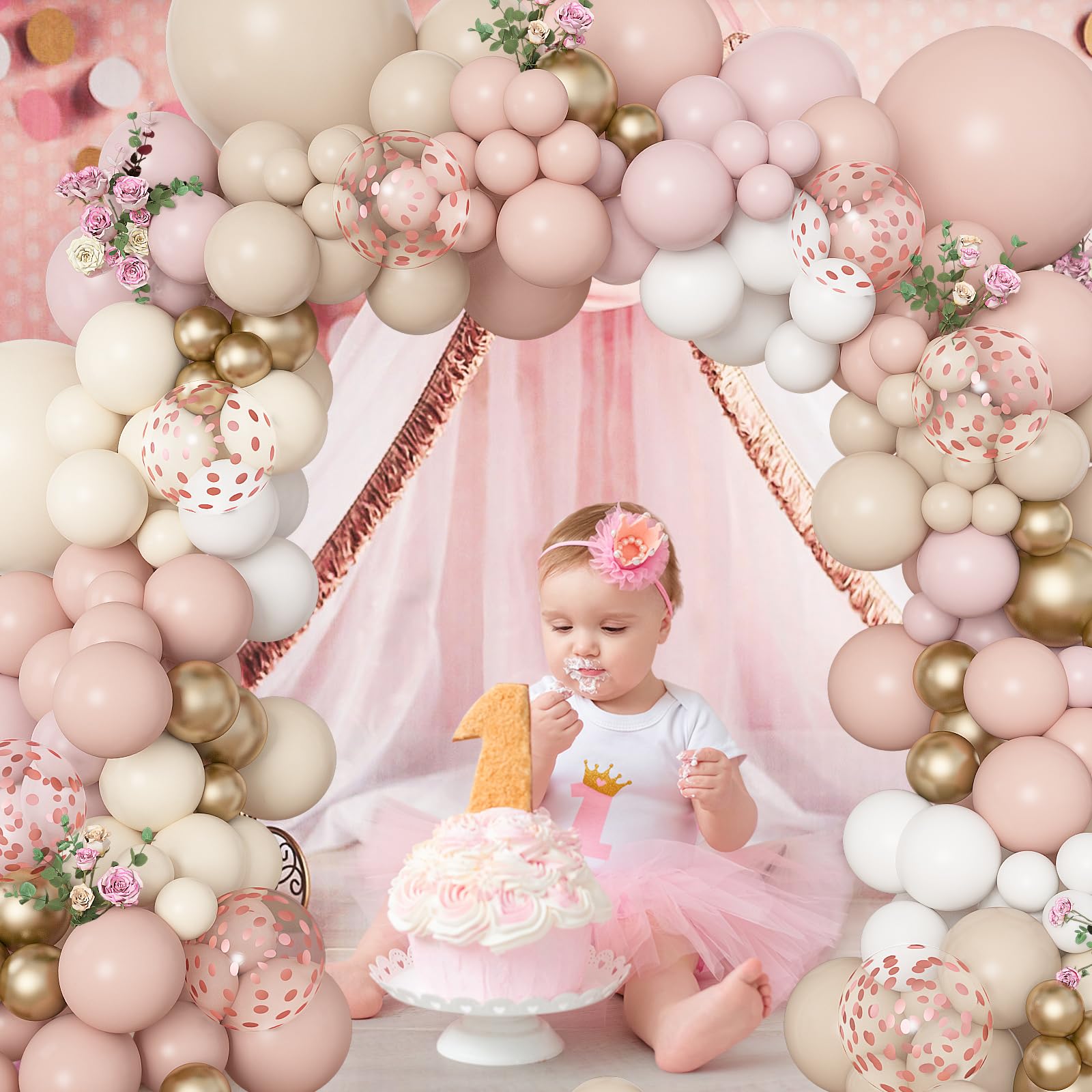 Amandir 173-Piece Boho Dusty Pink Balloon Arch Kit - Neutral Tones with Confetti and Metallic Gold for Baby Showers, Birthdays, and More