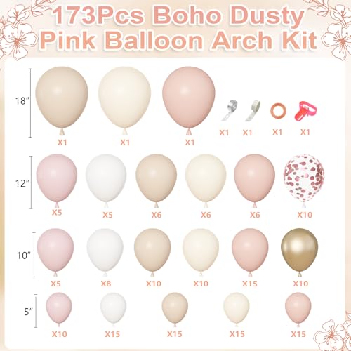 Amandir 173-Piece Boho Dusty Pink Balloon Arch Kit - Neutral Tones with Confetti and Metallic Gold for Baby Showers, Birthdays, and More