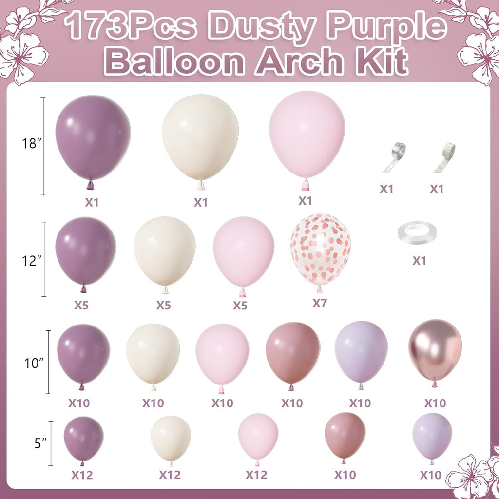 Amandir 173-Piece Dusty Purple Balloon Arch Kit – with Double-Stuffed Pink, White Sand, Lavender & Rose Gold Confetti Balloons for Bridal Showers, Weddings & Birthday Parties