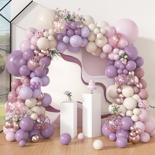 Amandir 173-Piece Dusty Purple Balloon Arch Kit – with Double-Stuffed Pink, White Sand, Lavender & Rose Gold Confetti Balloons for Bridal Showers, Weddings & Birthday Parties