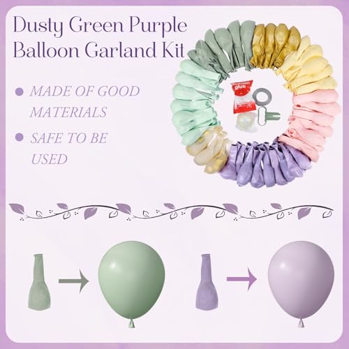 Amandir 173-Piece Pastel Balloon Arch Garland Kit - Dusty Green, Purple, Pink, Yellow with Confetti
