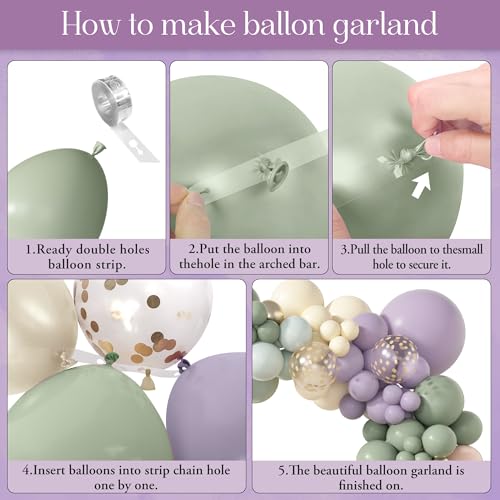 Amandir 173-Piece Pastel Balloon Arch Garland Kit - Dusty Green, Purple, Pink, Yellow with Confetti