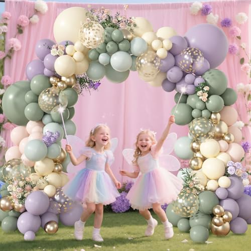 Amandir 173-Piece Pastel Balloon Arch Garland Kit - Dusty Green, Purple, Pink, Yellow with Confetti
