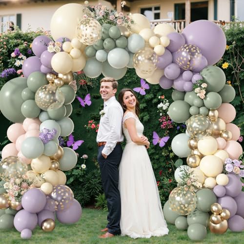Amandir 173-Piece Pastel Balloon Arch Garland Kit - Dusty Green, Purple, Pink, Yellow with Confetti