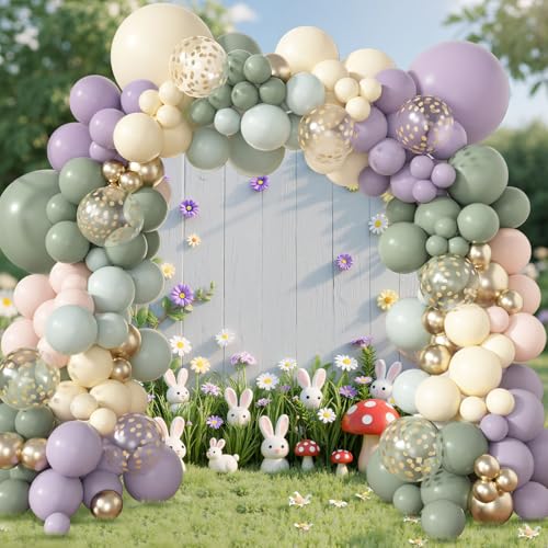 Amandir 173-Piece Pastel Balloon Arch Garland Kit - Dusty Green, Purple, Pink, Yellow with Confetti