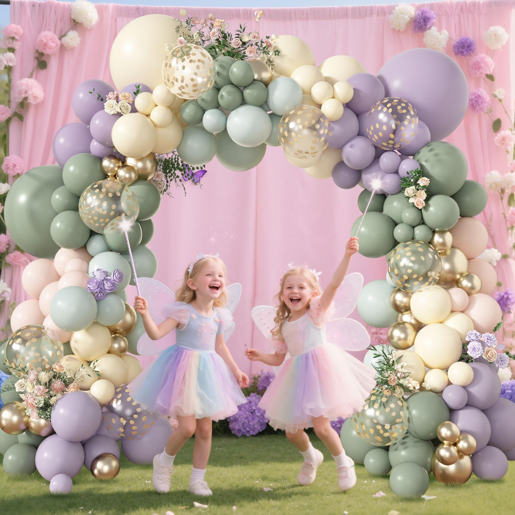 Amandir 173-Piece Pastel Balloon Arch Garland Kit - Dusty Green, Purple, Pink, Yellow with Confetti