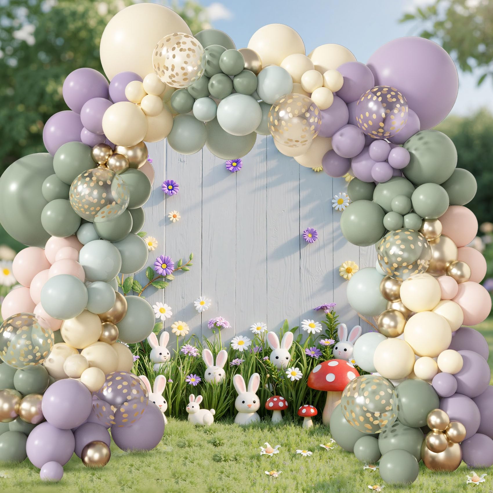 Amandir 173-Piece Pastel Balloon Arch Garland Kit - Dusty Green, Purple, Pink, Yellow with Confetti