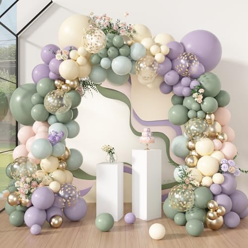 Amandir 173-Piece Pastel Balloon Arch Garland Kit - Dusty Green, Purple, Pink, Yellow with Confetti