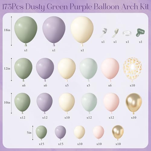 Amandir 173-Piece Pastel Balloon Arch Garland Kit - Dusty Green, Purple, Pink, Yellow with Confetti