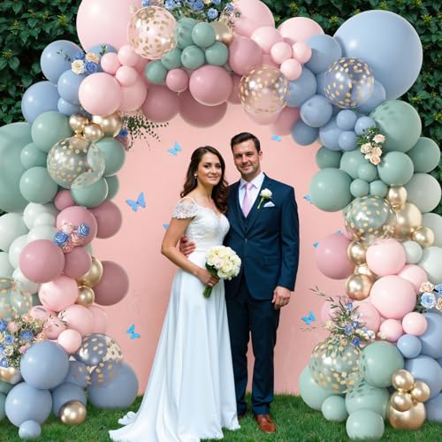 Amandir 173-Piece Pastel Balloon Arch Kit – Dusty Pink, Blue, Green & Gold Confetti for Baby Showers & Gender Reveals