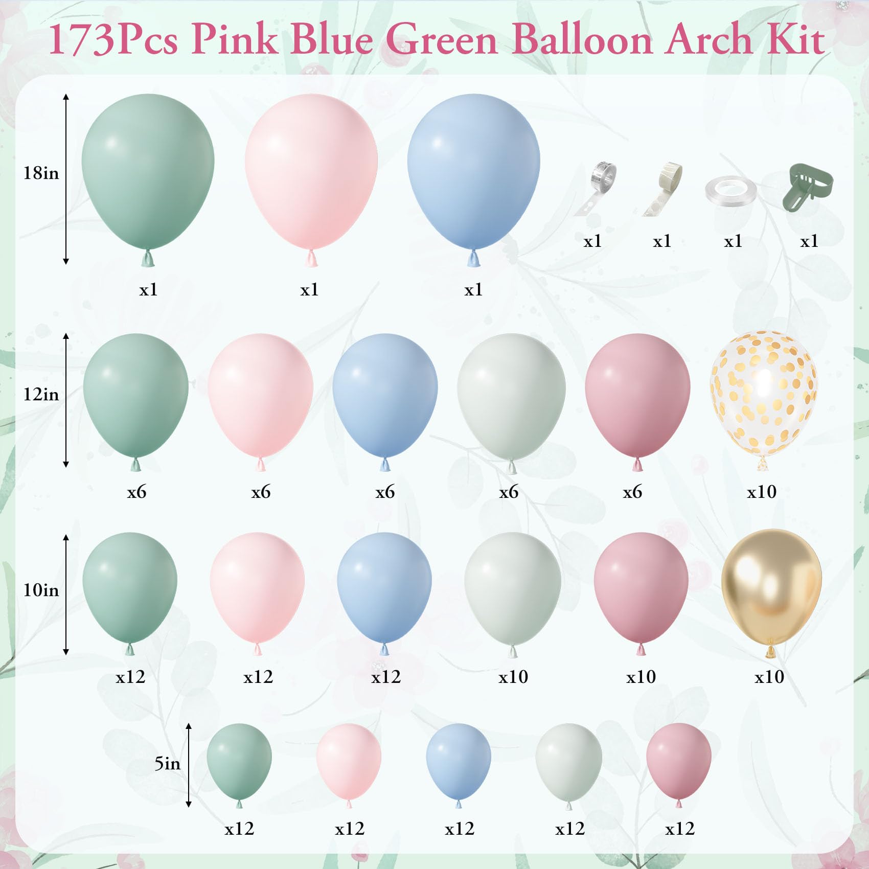 Amandir 173-Piece Pastel Balloon Arch Kit – Dusty Pink, Blue, Green & Gold Confetti for Baby Showers & Gender Reveals