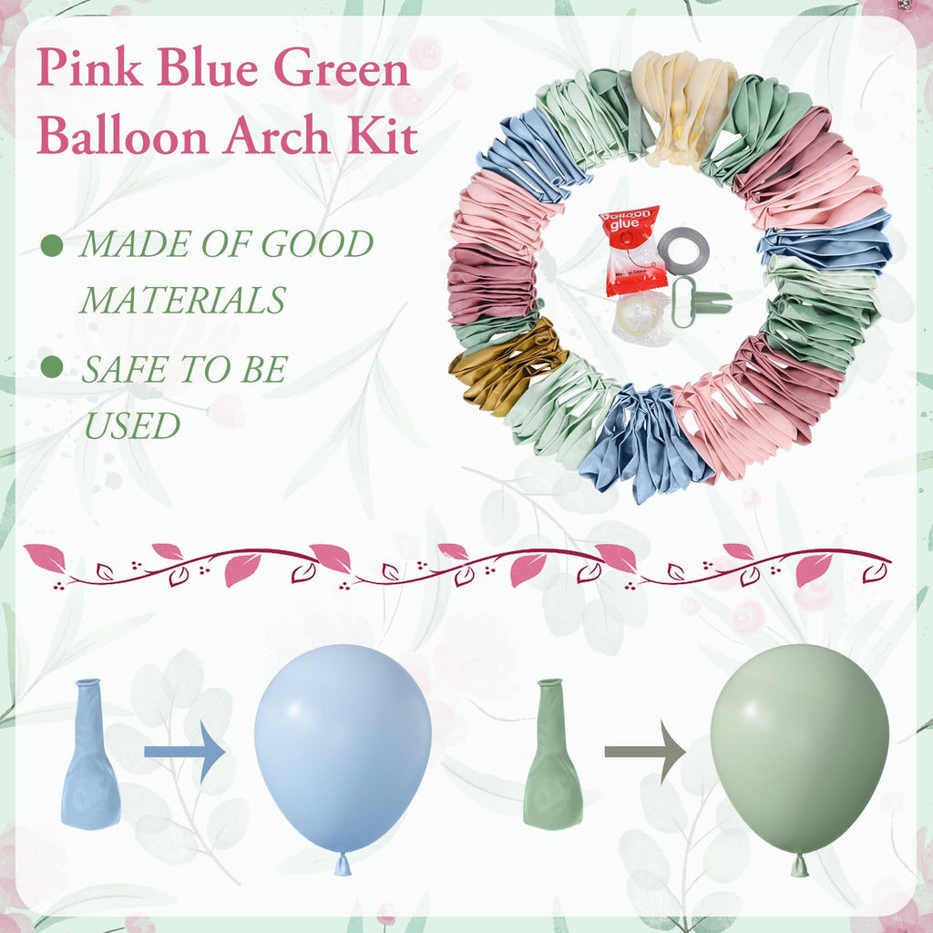 Amandir 173-Piece Pastel Balloon Arch Kit – Dusty Pink, Blue, Green & Gold Confetti for Baby Showers & Gender Reveals