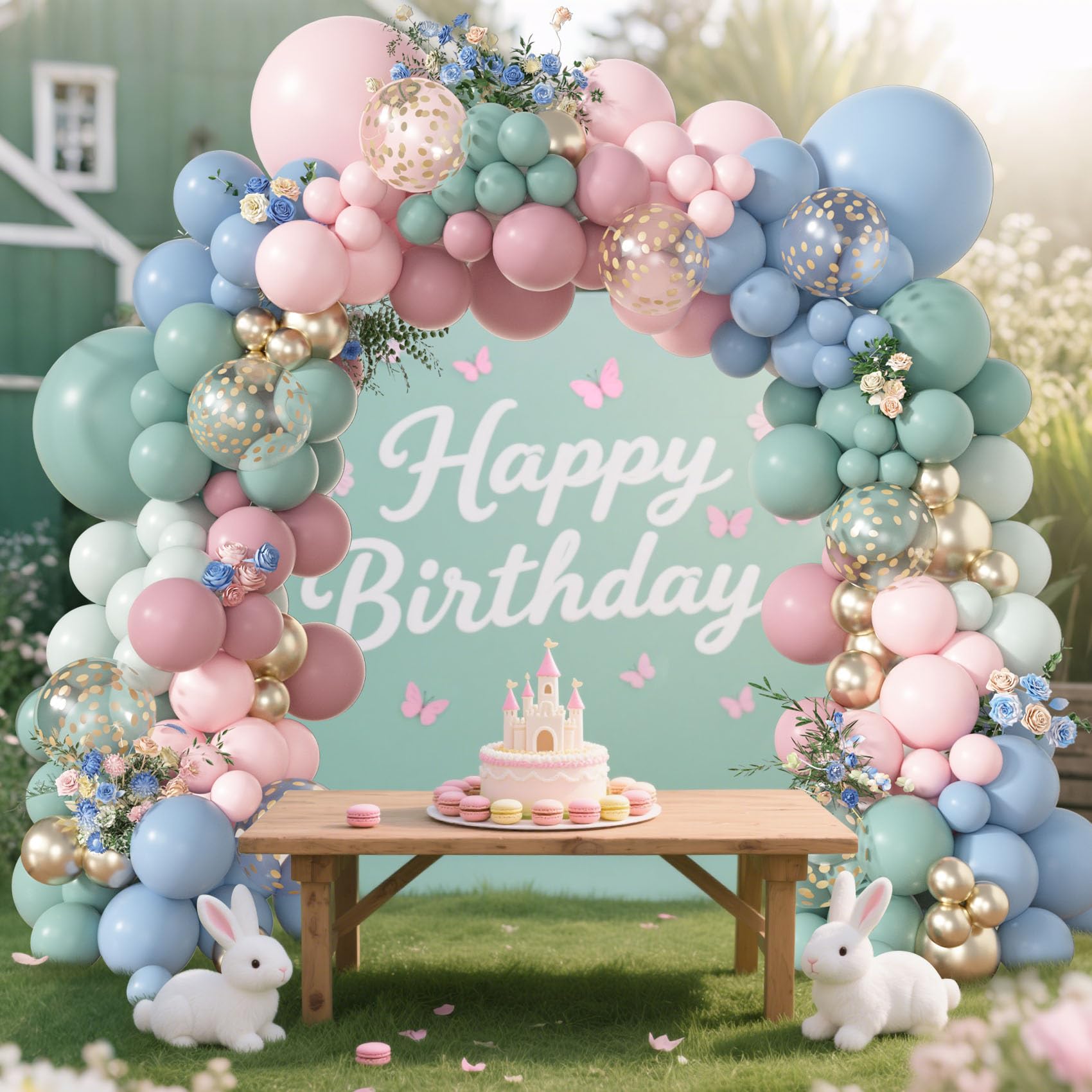 Amandir 173-Piece Pastel Balloon Arch Kit – Dusty Pink, Blue, Green & Gold Confetti for Baby Showers & Gender Reveals
