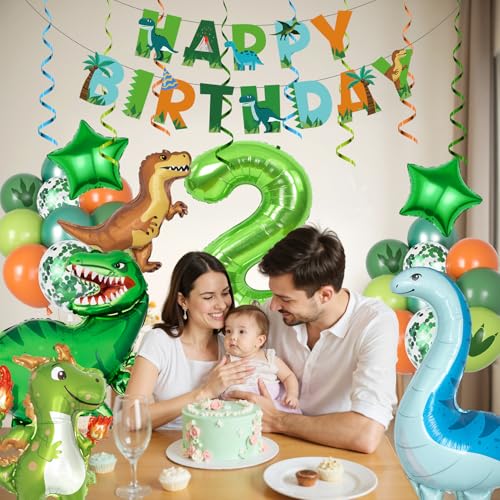 Amandir Dinosaur 2nd Birthday Party Decorations - 47 Piece Dino Balloon Set with Foil Number 2, Banner, and Swirls