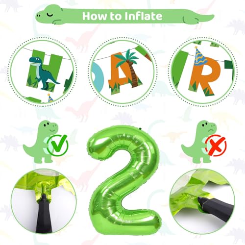Amandir Dinosaur 2nd Birthday Party Decorations - 47 Piece Dino Balloon Set with Foil Number 2, Banner, and Swirls