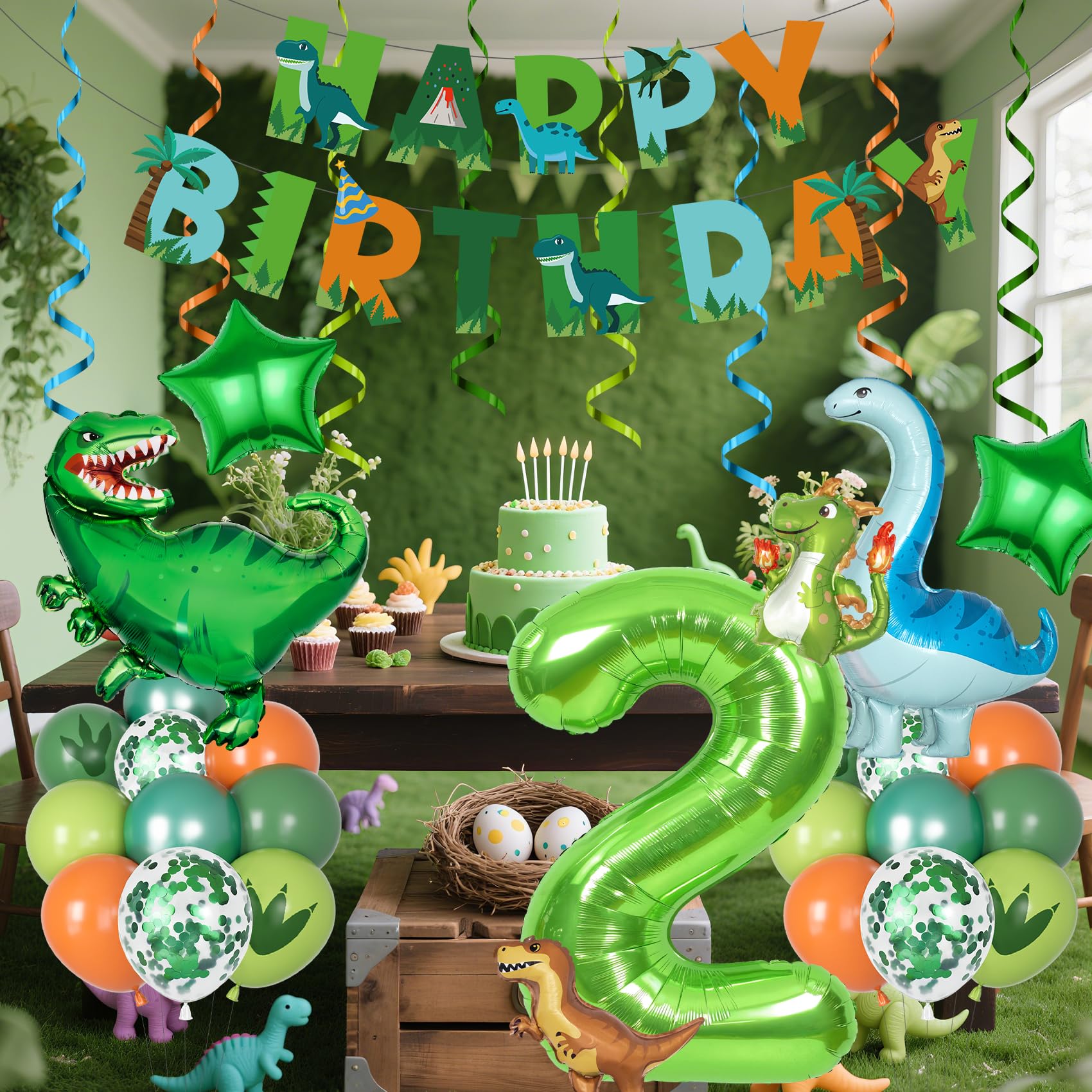 Amandir Dinosaur 2nd Birthday Party Decorations - 47 Piece Dino Balloon Set with Foil Number 2, Banner, and Swirls