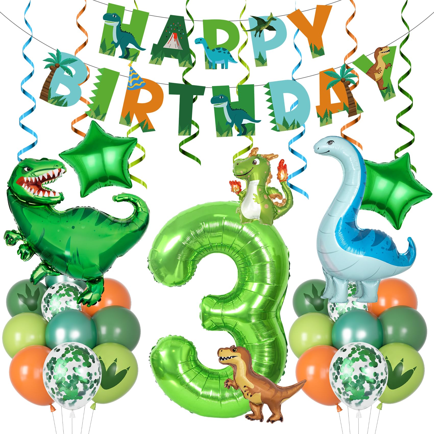 Amandir Dinosaur 3rd Birthday Party Decorations – 47-Piece Foil Balloon Kit with Number 3, Star, and Hanging Swirls