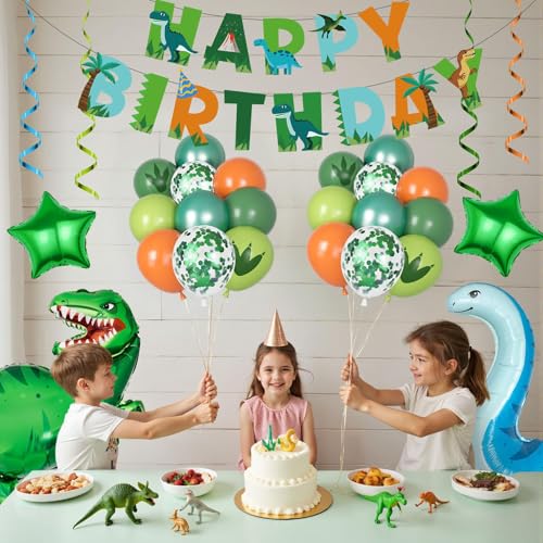 Amandir Dinosaur 3rd Birthday Party Decorations – 47-Piece Foil Balloon Kit with Number 3, Star, and Hanging Swirls