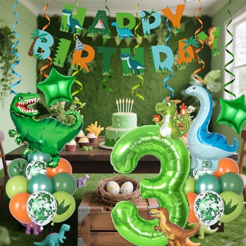 Amandir Dinosaur 3rd Birthday Party Decorations – 47-Piece Foil Balloon Kit with Number 3, Star, and Hanging Swirls