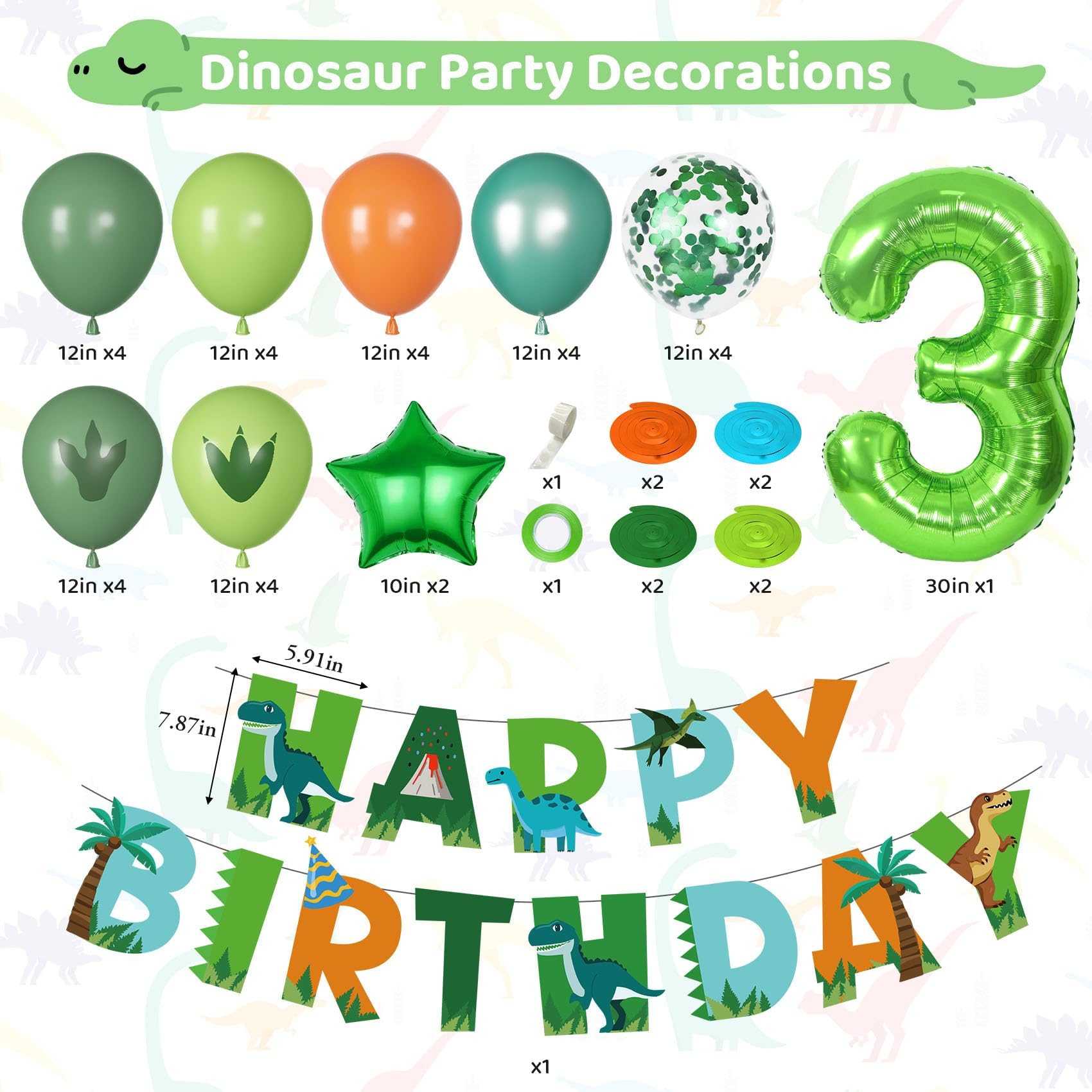 Amandir Dinosaur 3rd Birthday Party Decorations – 47-Piece Foil Balloon Kit with Number 3, Star, and Hanging Swirls