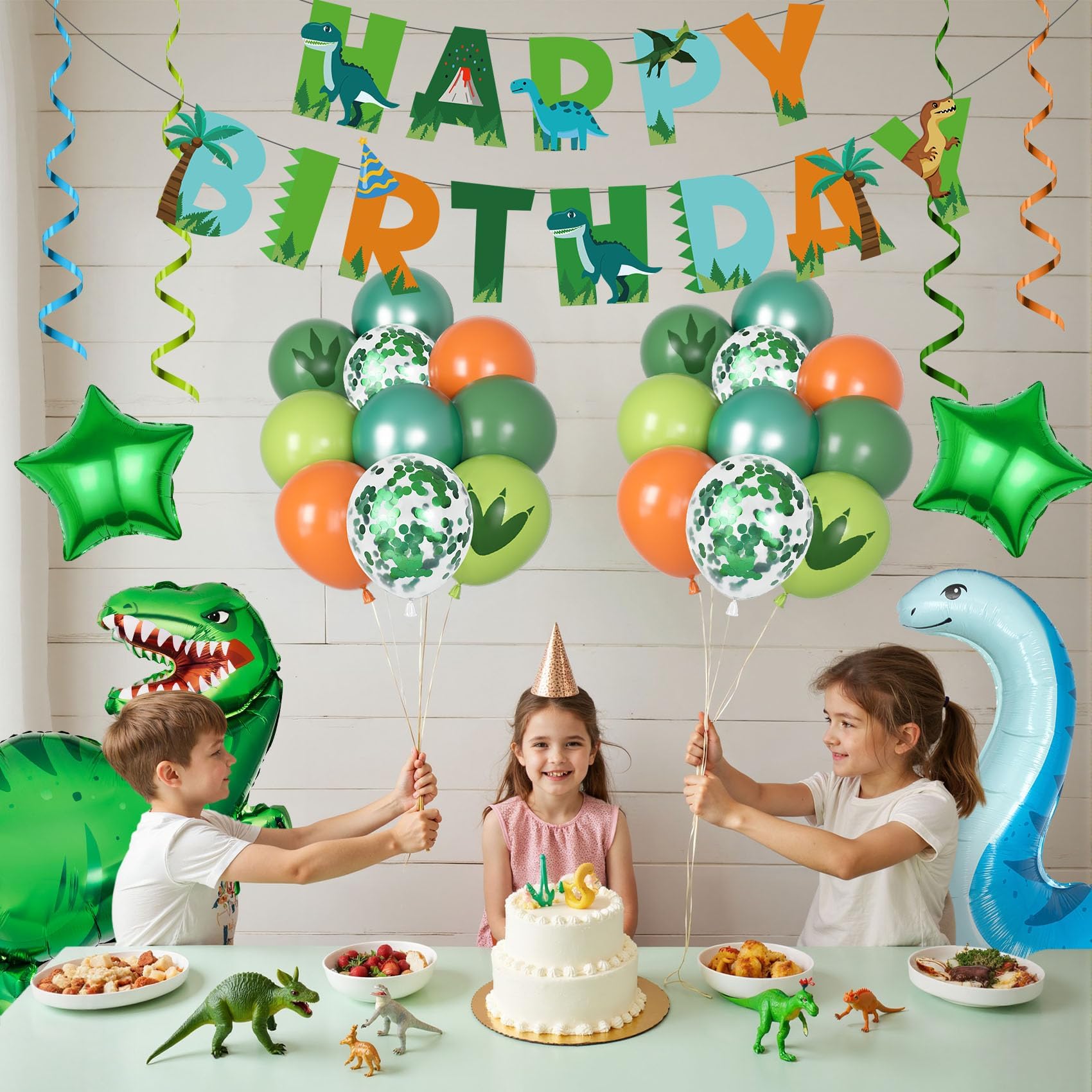Amandir Dinosaur 3rd Birthday Party Decorations – 47-Piece Foil Balloon Kit with Number 3, Star, and Hanging Swirls