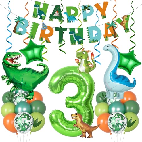 Amandir Dinosaur 3rd Birthday Party Decorations – 47-Piece Foil Balloon Kit with Number 3, Star, and Hanging Swirls
