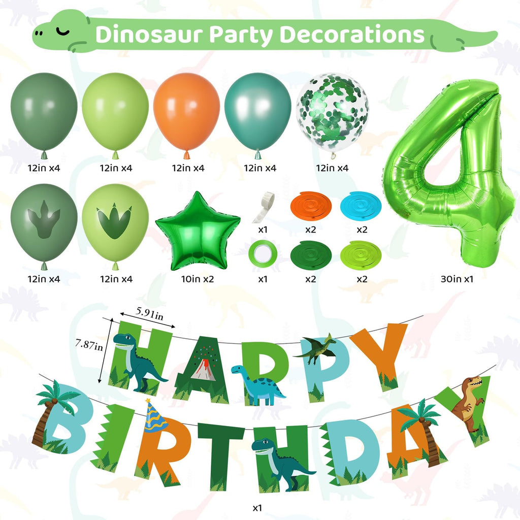 Amandir Dinosaur 4th Birthday Party Decorations – 47-Piece Balloon Kit with Foil Dinos, Number 4, Star Balloons, Banner & Swirls for Boys Girls Dino Party