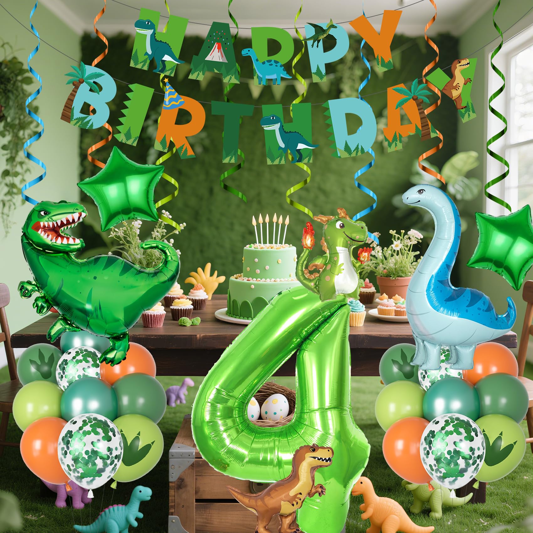 Amandir Dinosaur 4th Birthday Party Decorations – 47-Piece Balloon Kit with Foil Dinos, Number 4, Star Balloons, Banner & Swirls for Boys Girls Dino Party