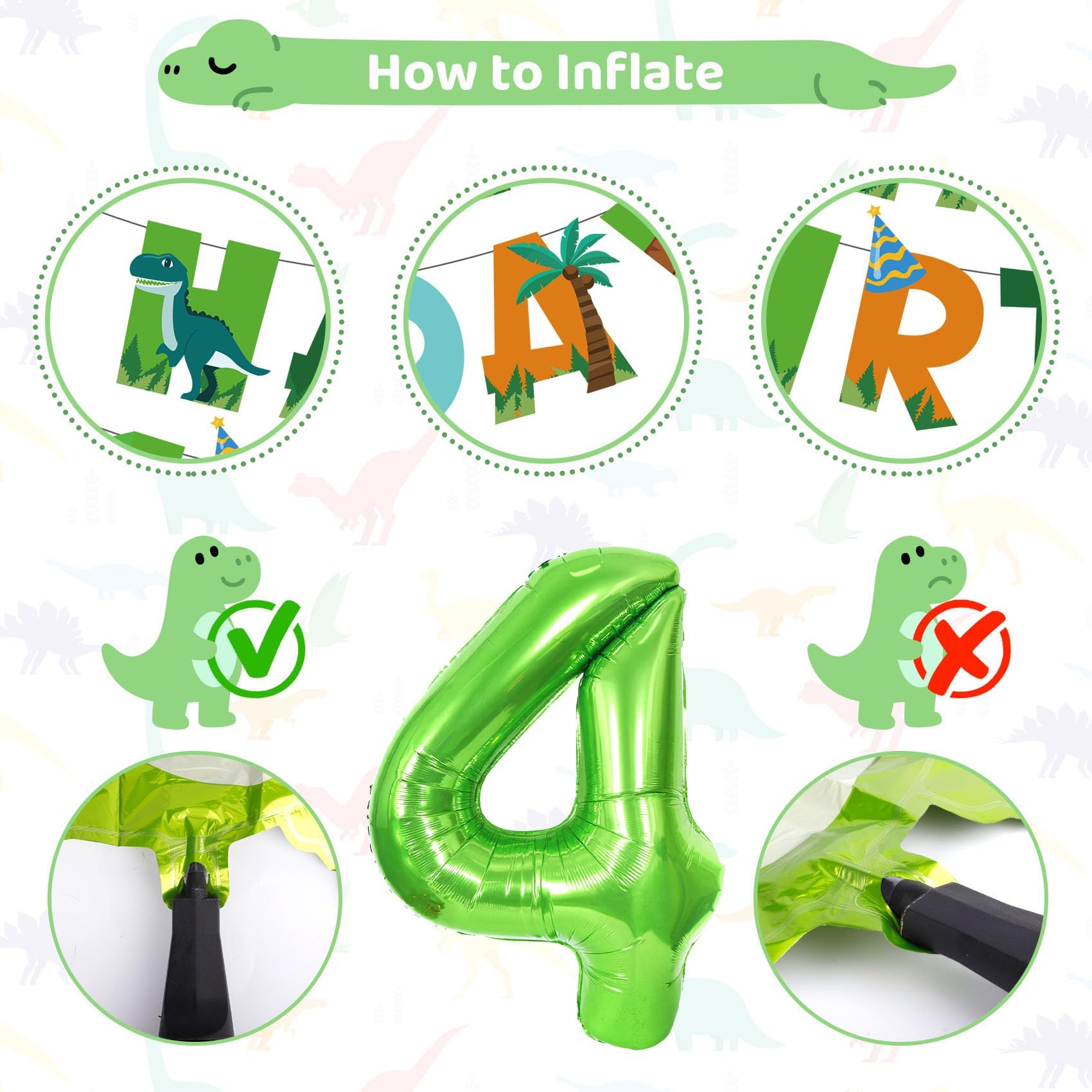 Amandir Dinosaur 4th Birthday Party Decorations – 47-Piece Balloon Kit with Foil Dinos, Number 4, Star Balloons, Banner & Swirls for Boys Girls Dino Party
