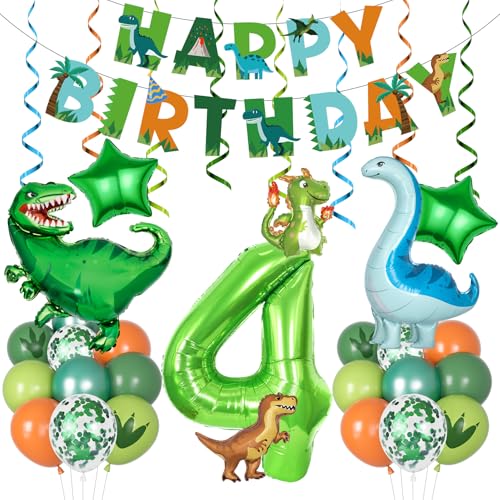 Amandir Dinosaur 4th Birthday Party Decorations – 47-Piece Balloon Kit with Foil Dinos, Number 4, Star Balloons, Banner & Swirls for Boys Girls Dino Party