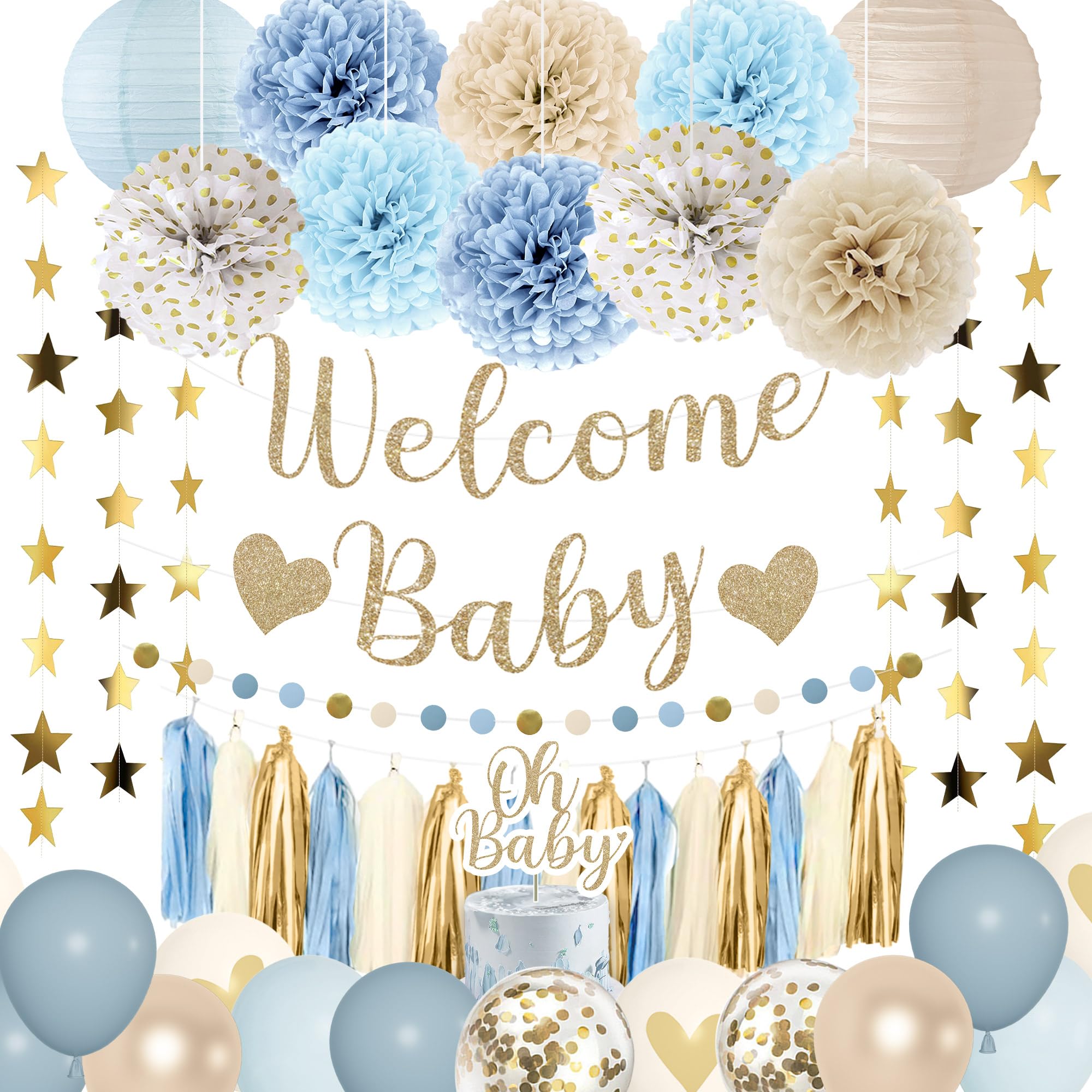 Amandir Dusty Blue Baby Shower Decorations Kit – 51-Piece Set with Banner, Cake Topper, Balloons, and Garland