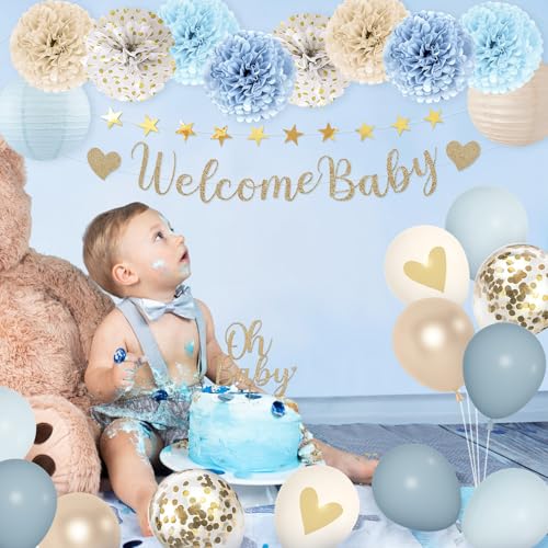 Amandir Dusty Blue Baby Shower Decorations Kit – 51-Piece Set with Banner, Cake Topper, Balloons, and Garland