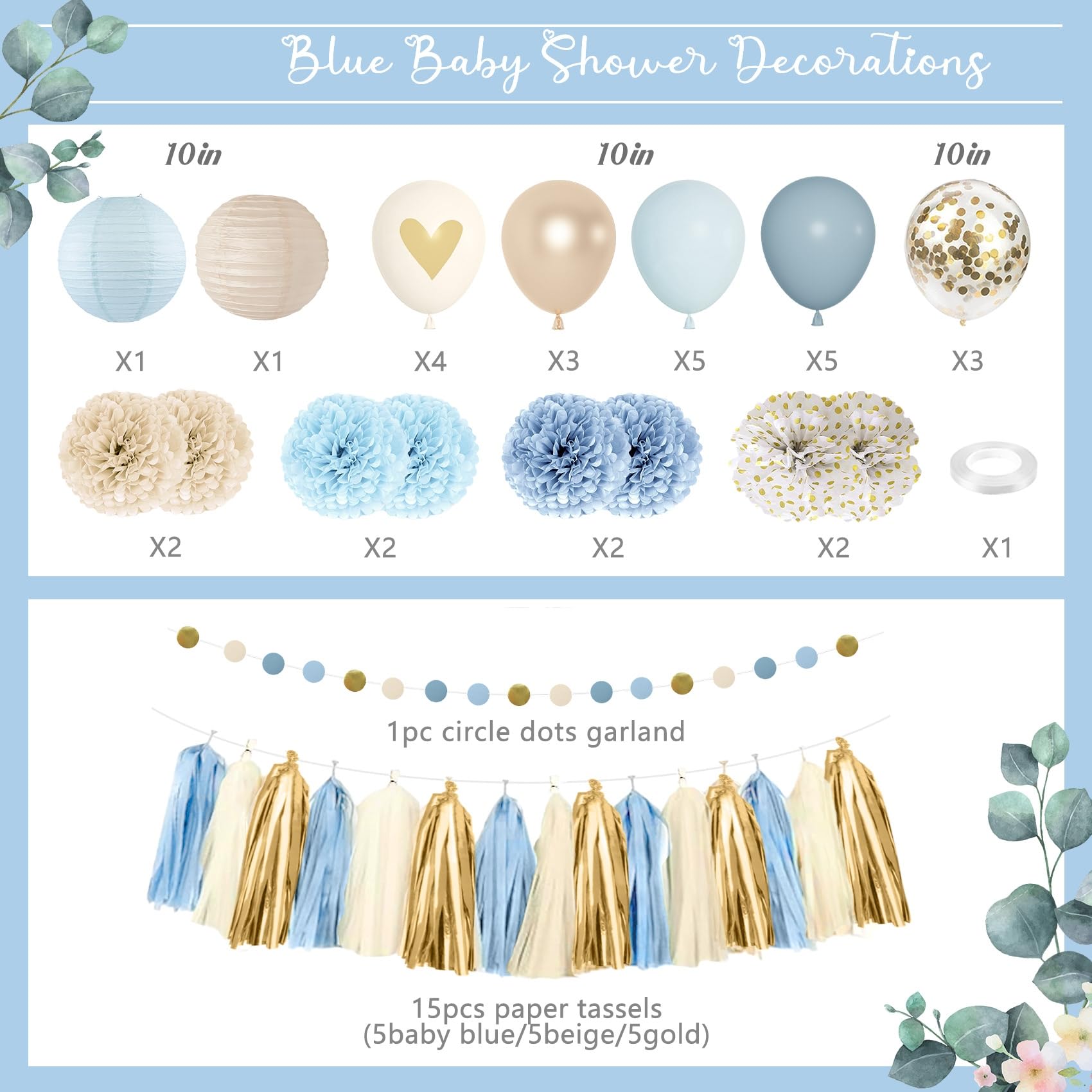 Amandir Dusty Blue Baby Shower Decorations Kit – 51-Piece Set with Banner, Cake Topper, Balloons, and Garland