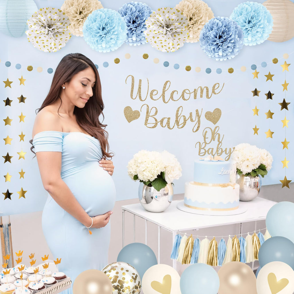 Amandir Dusty Blue Baby Shower Decorations Kit – 51-Piece Set with Banner, Cake Topper, Balloons, and Garland