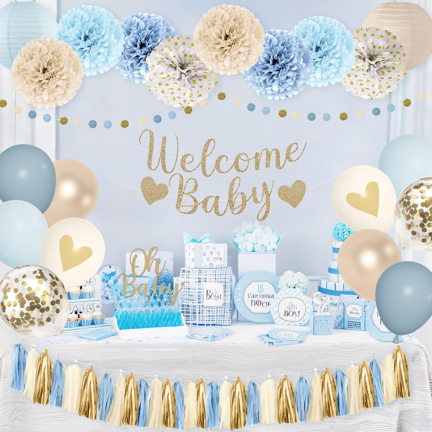 Amandir Dusty Blue Baby Shower Decorations Kit – 51-Piece Set with Banner, Cake Topper, Balloons, and Garland