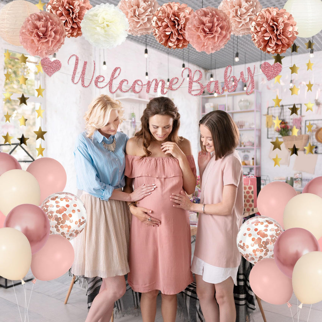 Amandir Dusty Pink Baby Shower Decorations Set – 51 Pieces with Banner, Cake Topper, Balloons & Garlands