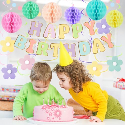 Amandir Pastel Birthday Party Decorations Set with Banner, Honeycomb Balls, Daisy Flowers, Swirls, Garland