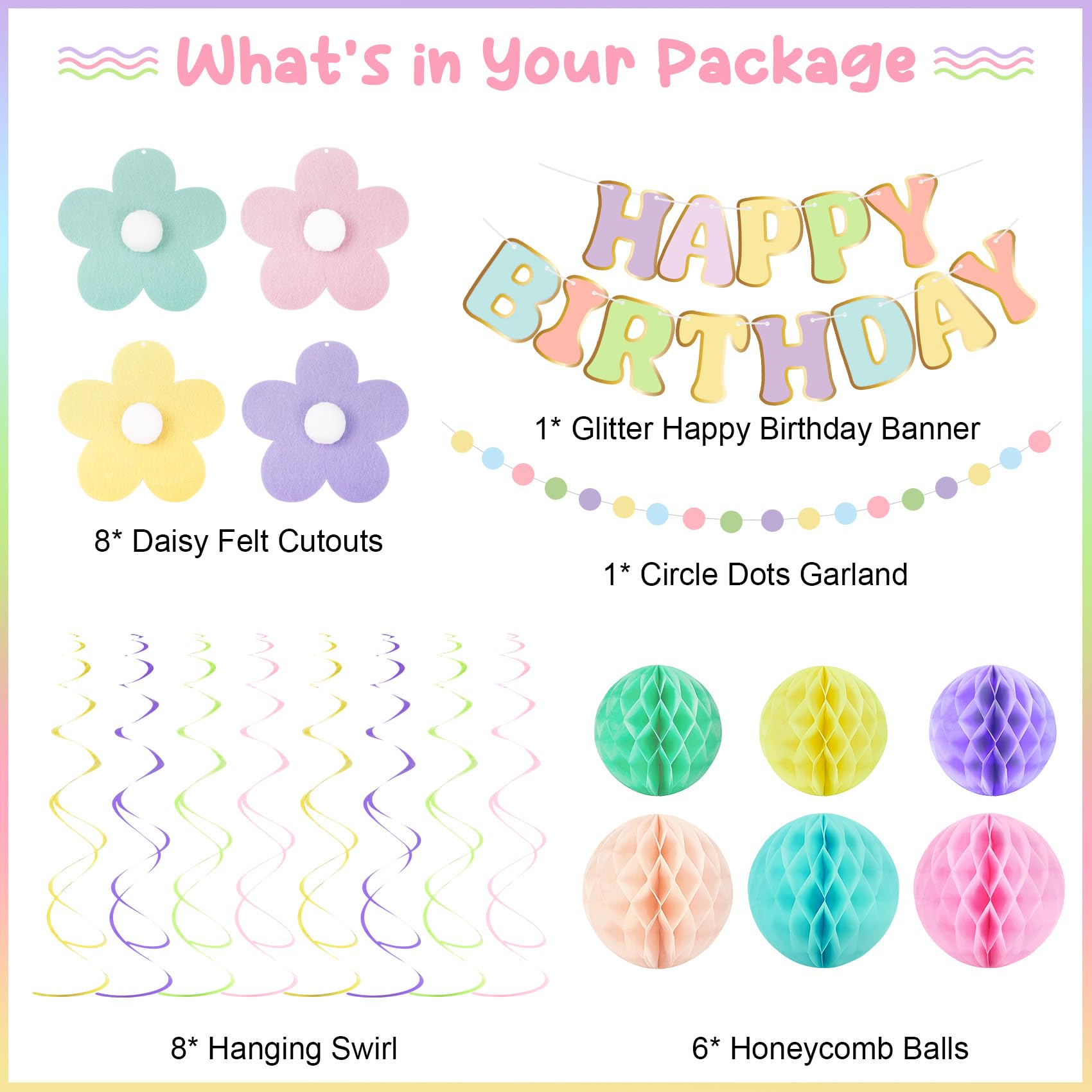 Amandir Pastel Birthday Party Decorations Set with Banner, Honeycomb Balls, Daisy Flowers, Swirls, Garland