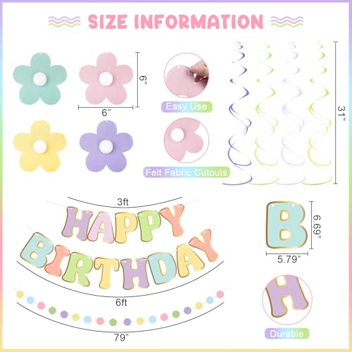 Amandir Pastel Birthday Party Decorations Set with Banner, Honeycomb Balls, Daisy Flowers, Swirls, Garland