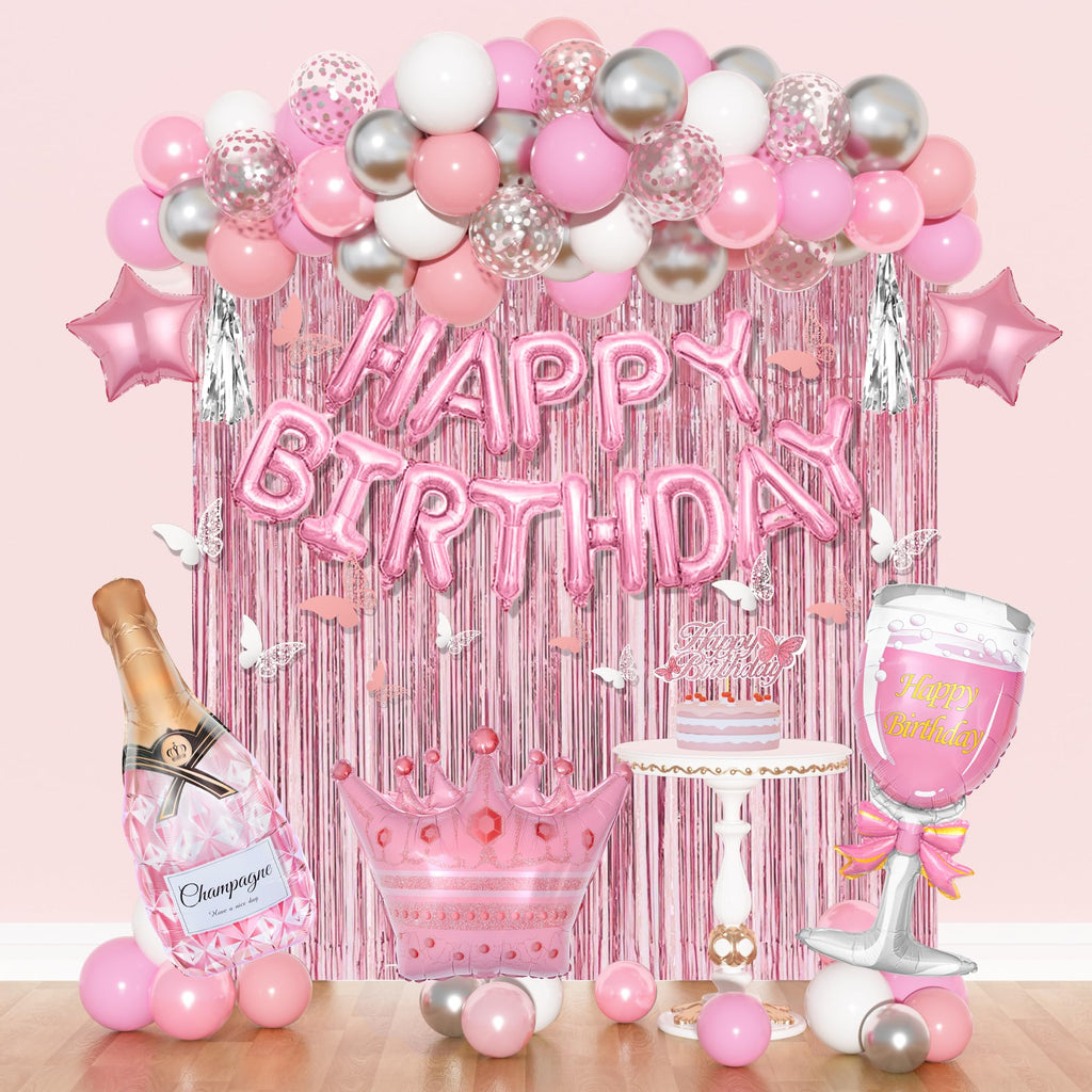 Amandir Pink Birthday Decorations Set - 86 Piece Silver & Pink Party Supplies for Women Girls