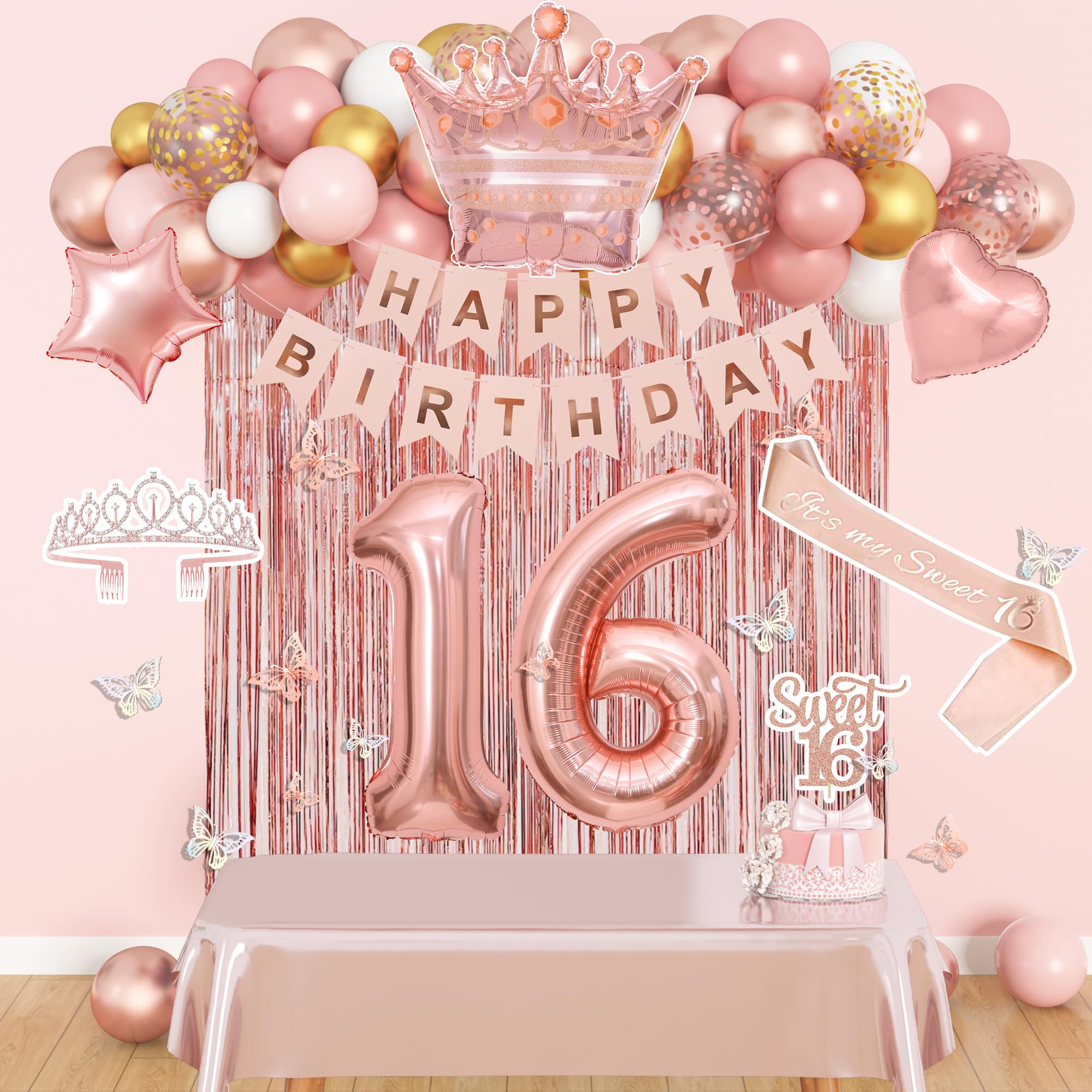 Amandir Sweet 16 Party Decorations for Girls - Rose Gold Birthday Supplies with Balloons, Tablecloth, Crown, Sash, and Butterfly Decor