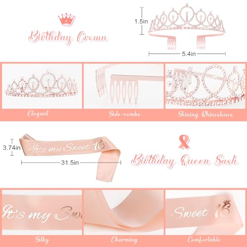 Amandir Sweet 16 Party Decorations for Girls - Rose Gold Birthday Supplies with Balloons, Tablecloth, Crown, Sash, and Butterfly Decor