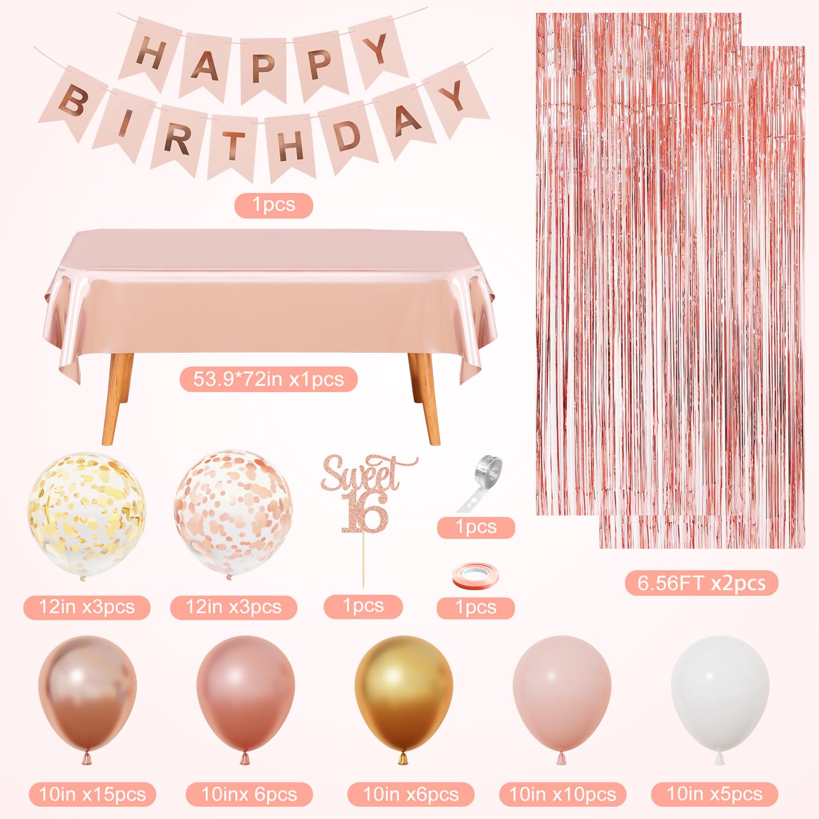 Amandir Sweet 16 Party Decorations for Girls - Rose Gold Birthday Supplies with Balloons, Tablecloth, Crown, Sash, and Butterfly Decor