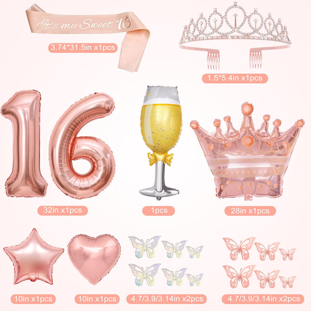 Amandir Sweet 16 Party Decorations for Girls - Rose Gold Birthday Supplies with Balloons, Tablecloth, Crown, Sash, and Butterfly Decor
