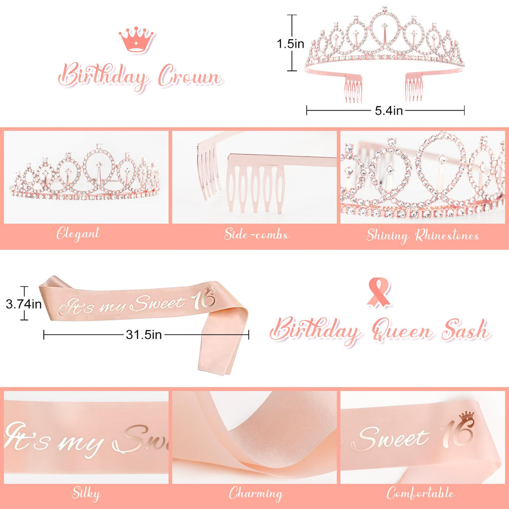 Amandir Sweet 16 Party Decorations for Girls - Rose Gold Birthday Supplies with Balloons, Tablecloth, Crown, Sash, and Butterfly Decor