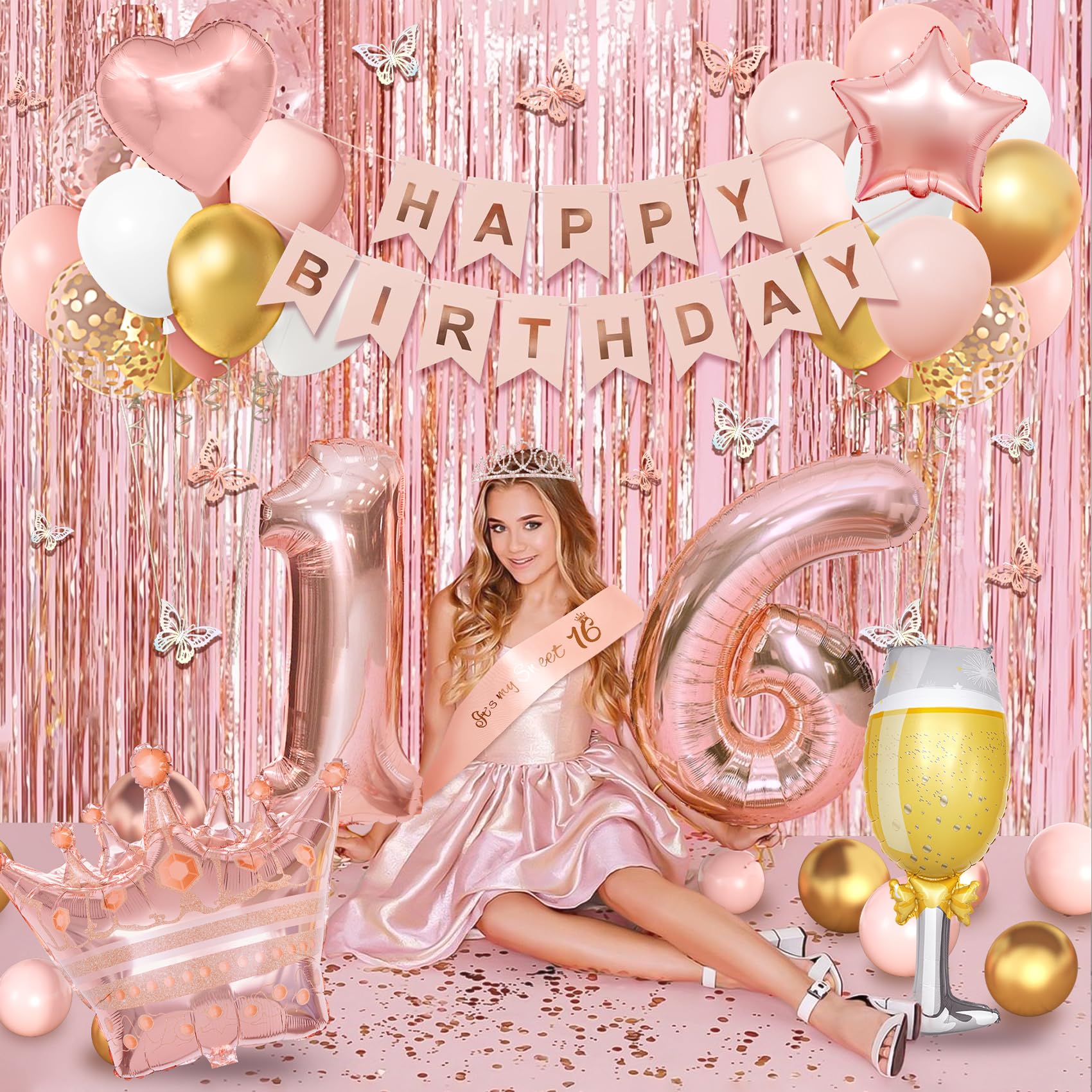 Amandir Sweet 16 Party Decorations for Girls - Rose Gold Birthday Supplies with Balloons, Tablecloth, Crown, Sash, and Butterfly Decor
