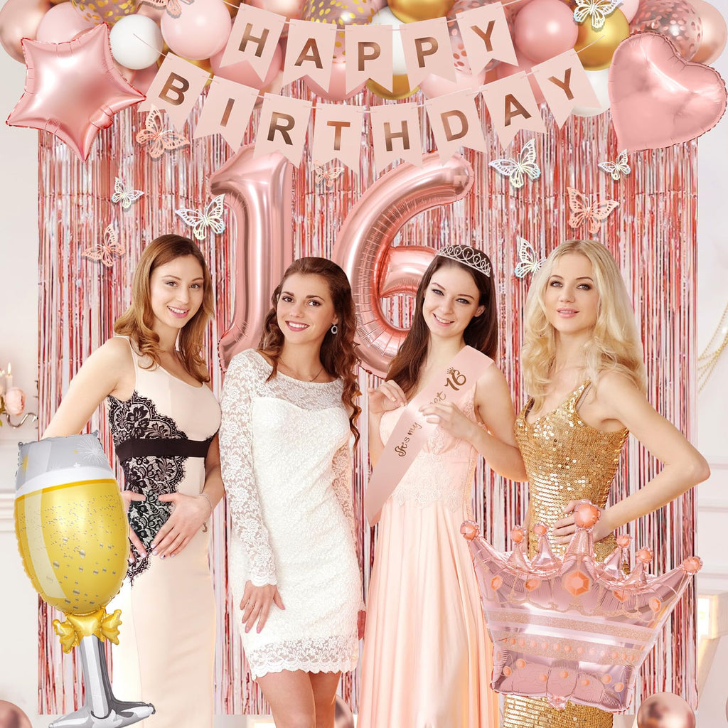 Amandir Sweet 16 Party Decorations for Girls - Rose Gold Birthday Supplies with Balloons, Tablecloth, Crown, Sash, and Butterfly Decor