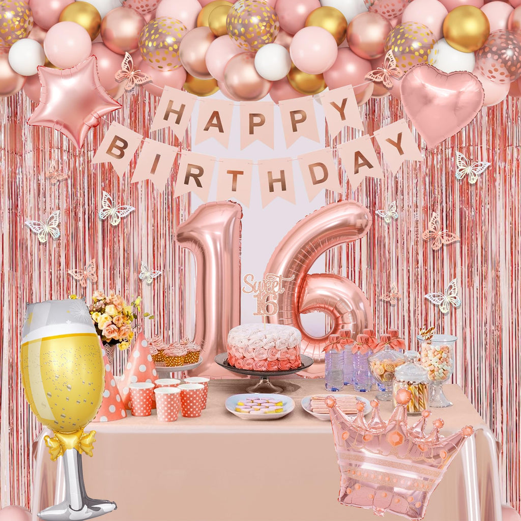Amandir Sweet 16 Party Decorations for Girls - Rose Gold Birthday Supplies with Balloons, Tablecloth, Crown, Sash, and Butterfly Decor