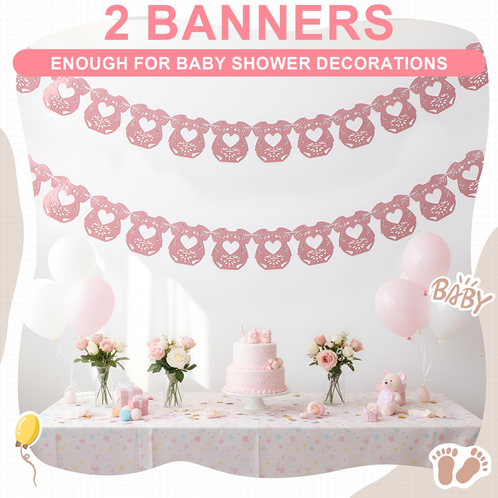 AmazingSpark 2-Pack Papel Picado Baby Shower Banner - Sweet Color, 24 Pcs, Mexican Party Decoration with Hanging String