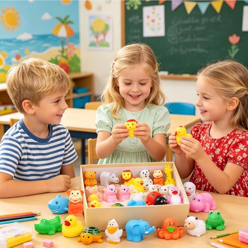 AMENON 24 Pack Animal Squeeze Squishy Toys - Funny Rubber Ducks Bulk Set for Bath, Party Favors, Classroom Prizes, Stress Relief Sensory Toys for Toddlers Kids